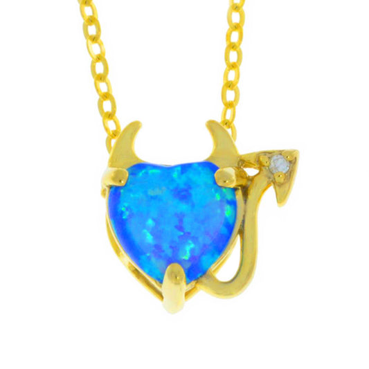 14Kt Yellow Gold Plated Blue Opal & Diamond Devil Heart Pendant