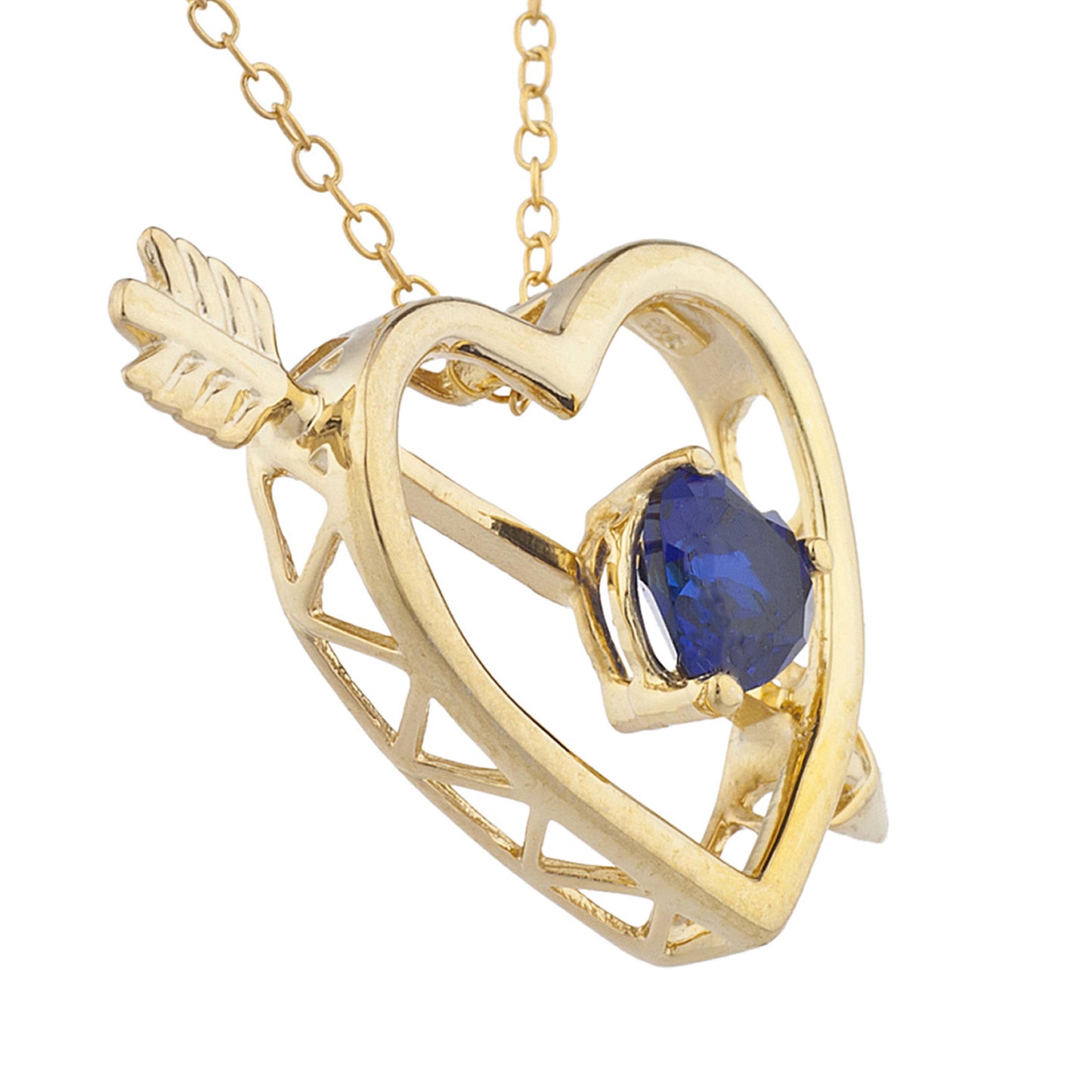 14Kt Yellow Gold Plated Blue Sapphire Heart Bow & Arrow Pendant