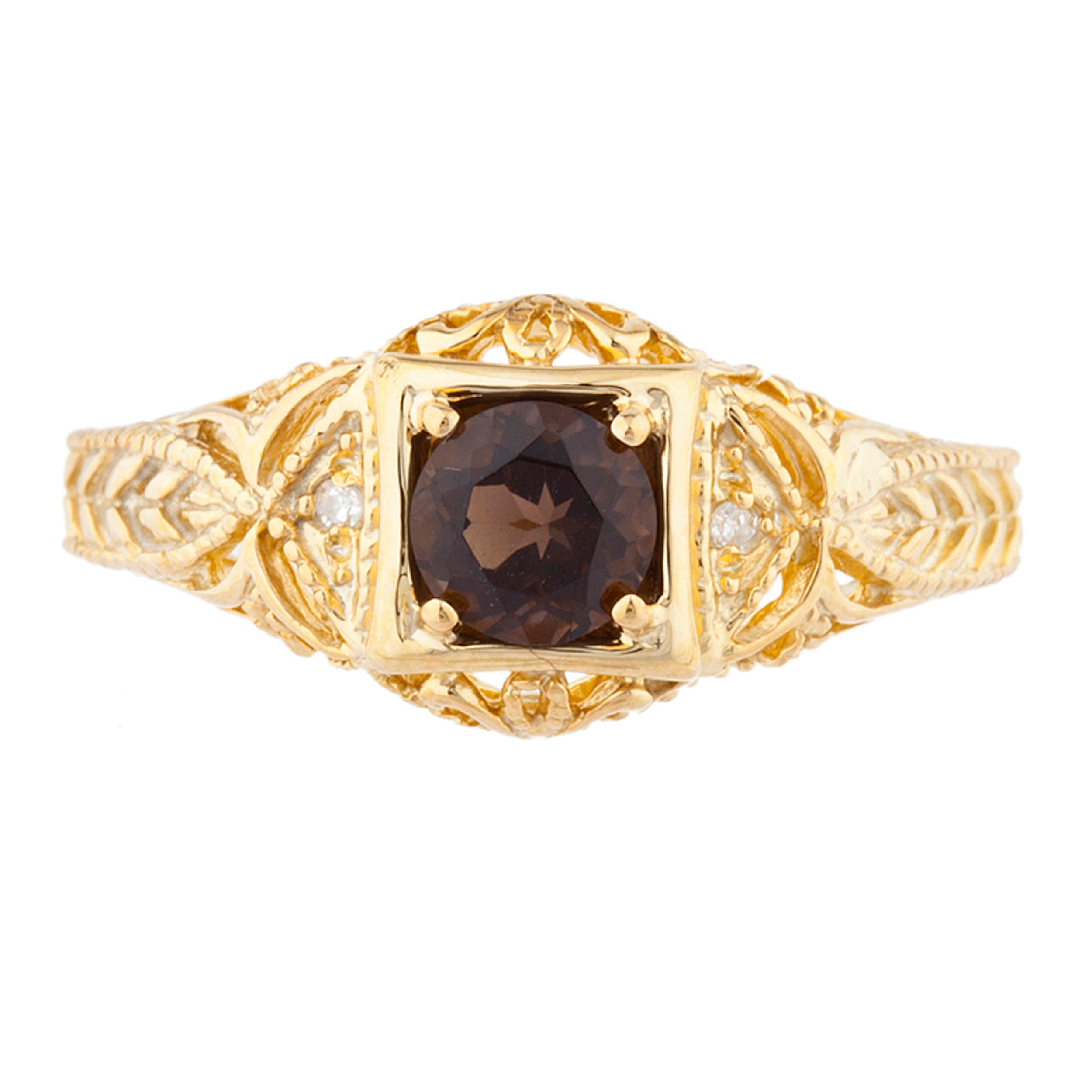 14Kt Gold Genuine Smoky Topaz & Diamond Design Round Ring