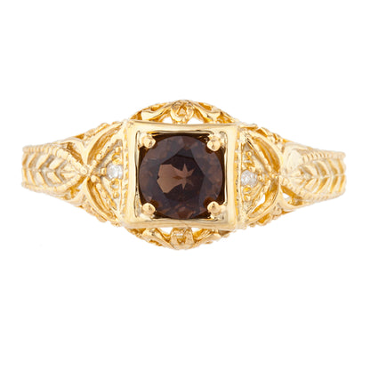 14Kt Gold Genuine Smoky Topaz & Diamond Design Round Ring