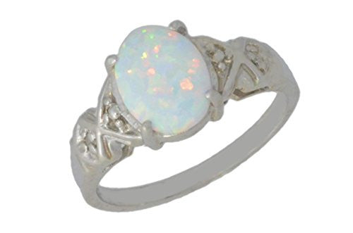 10x8mm Opal & Diamond Oval Ring .925 Sterling Silver Rhodium Finish