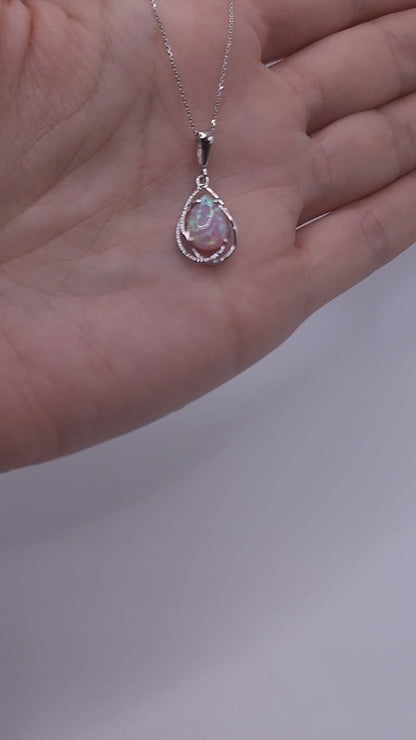 14Kt Gold Pink Opal Pear Teardrop Design Pendant Necklace