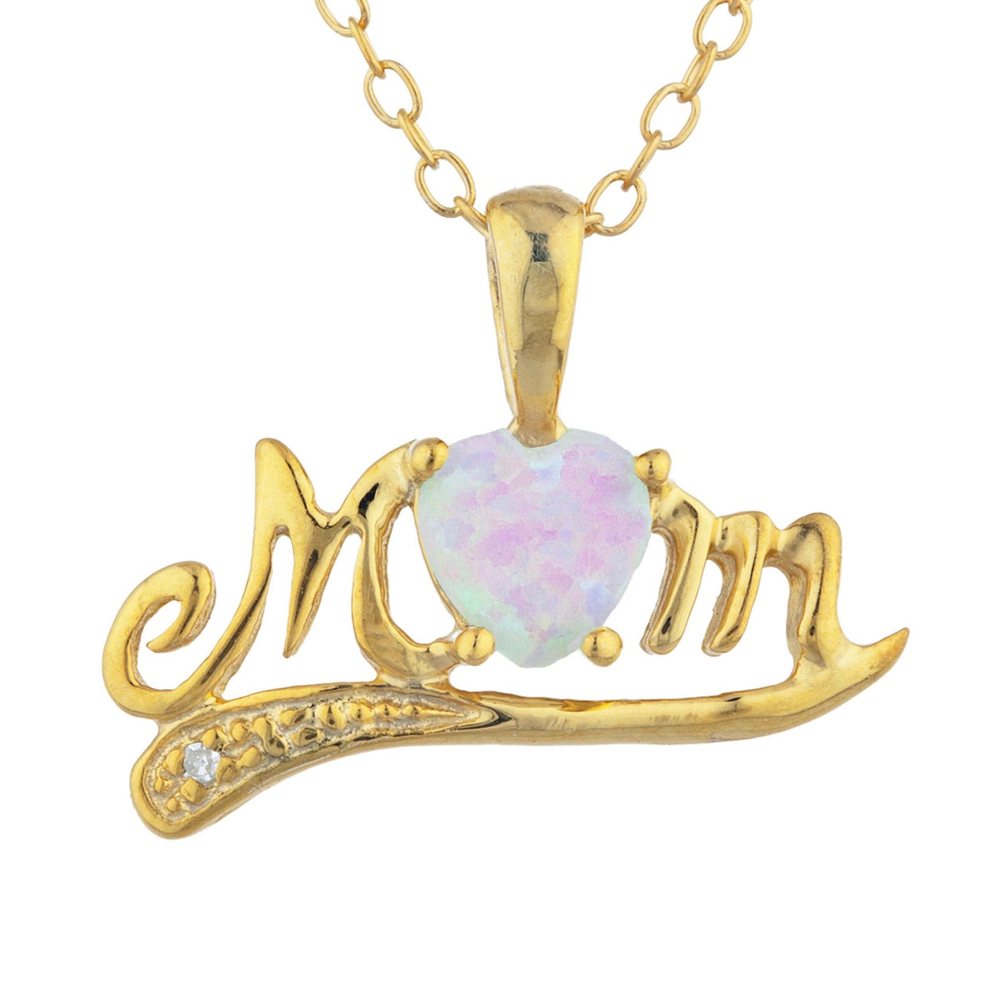 14Kt Yellow Gold Plated Pink Opal & Diamond Heart Mom Pendant