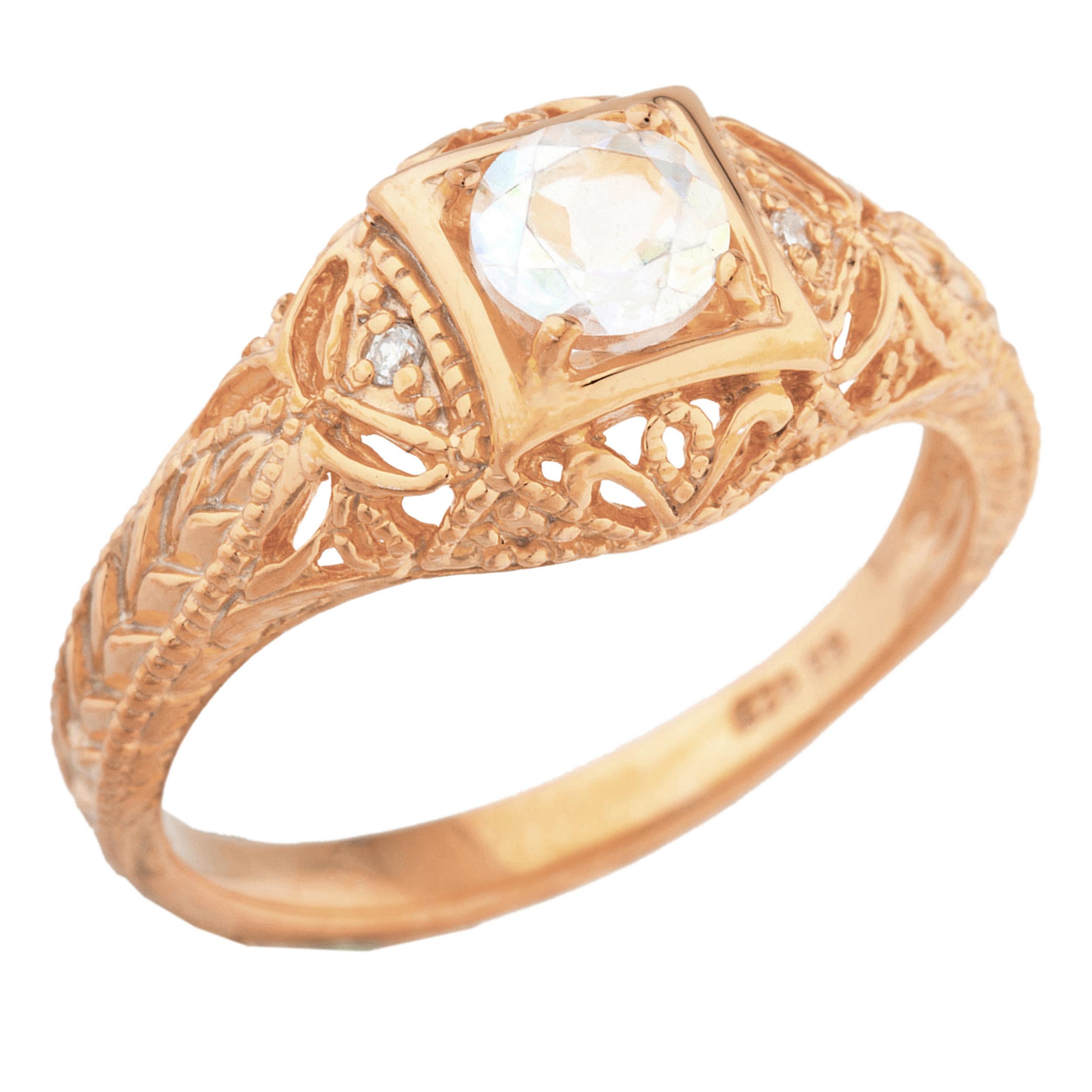 14Kt Gold Natural Mercury Mist Mystic Topaz & Diamond Design Round Ring