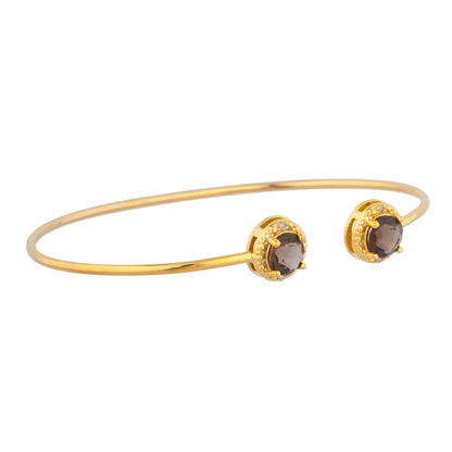 14Kt Yellow Gold Plated Genuine Smoky Topaz & Diamond Round Bangle Bracelet