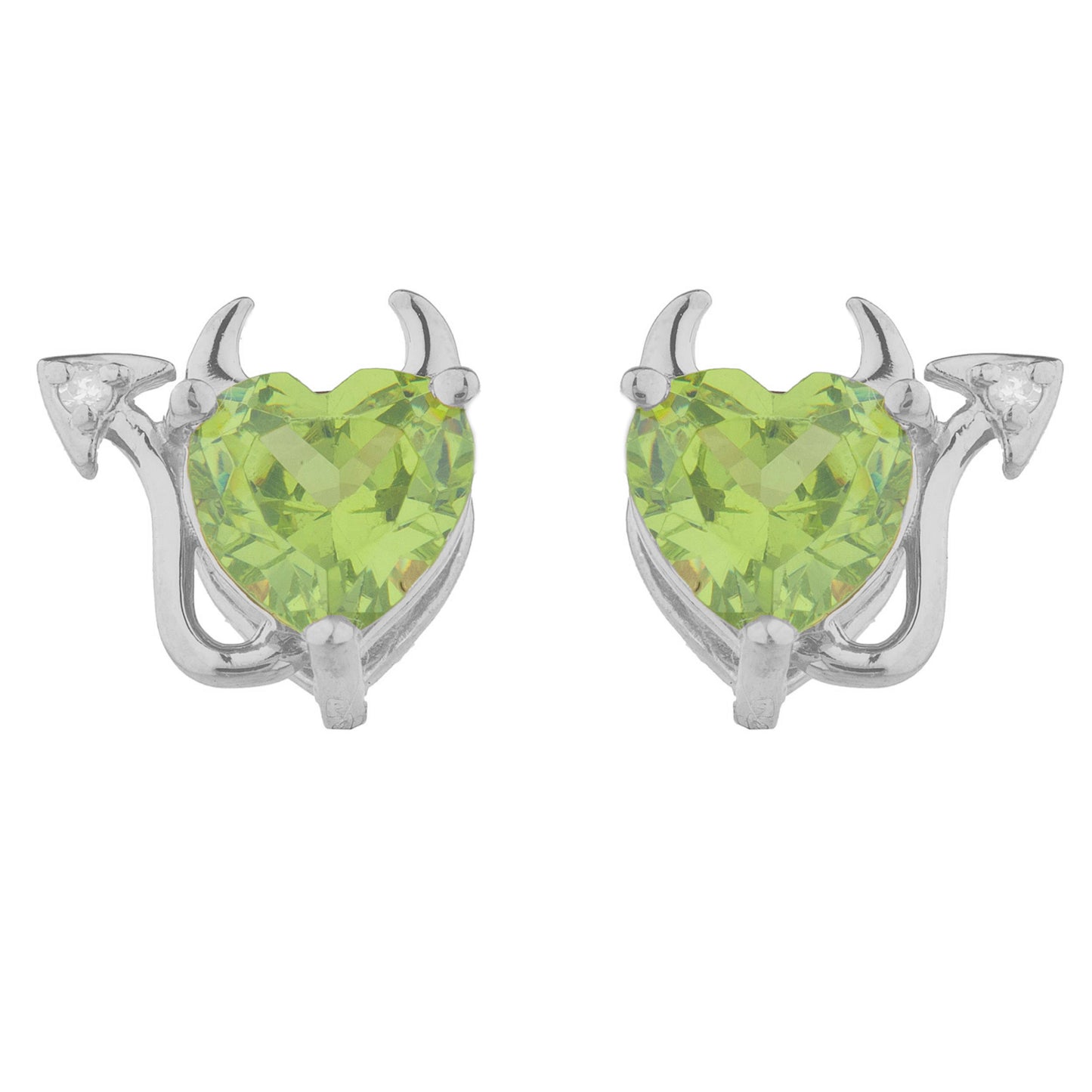 Peridot & Diamond Devil Heart Stud Earrings .925 Sterling Silver