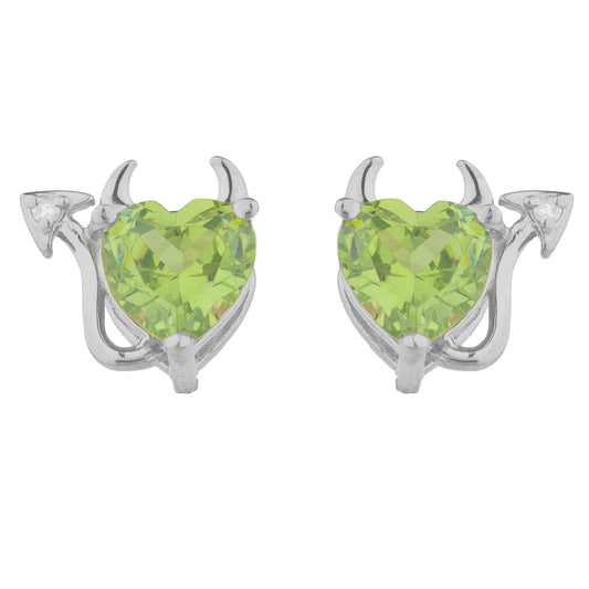 Peridot & Diamond Devil Heart Stud Earrings .925 Sterling Silver