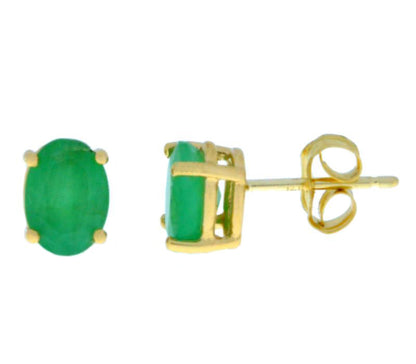 14Kt Gold Genuine Emerald Oval Stud Earrings