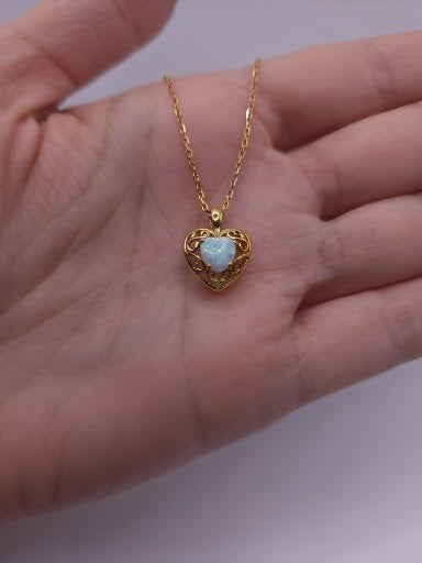 14Kt Gold Opal & Diamond Heart LOVE ENGRAVED Pendant Necklace