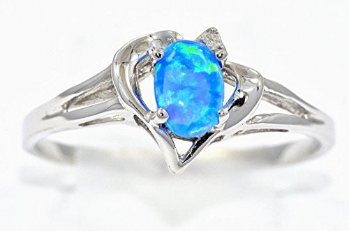 6x4mm Blue Opal & Diamond Oval Heart Ring .925 Sterling Silver Rhodium Finish