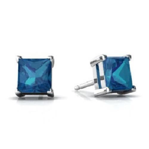 2 Ct London Blue Topaz Princess Cut Stud Earrings 14Kt White Gold