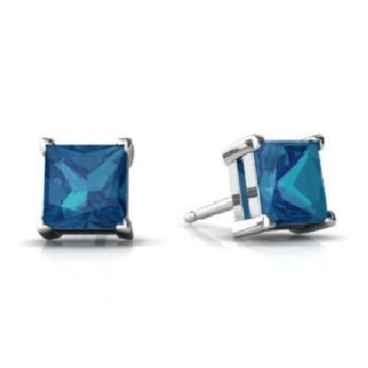 2 Ct London Blue Topaz Princess Cut Stud Earrings 14Kt White Gold