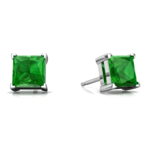 2 Ct Created Emerald Princess Cut Stud Earrings .925 Sterling Silver