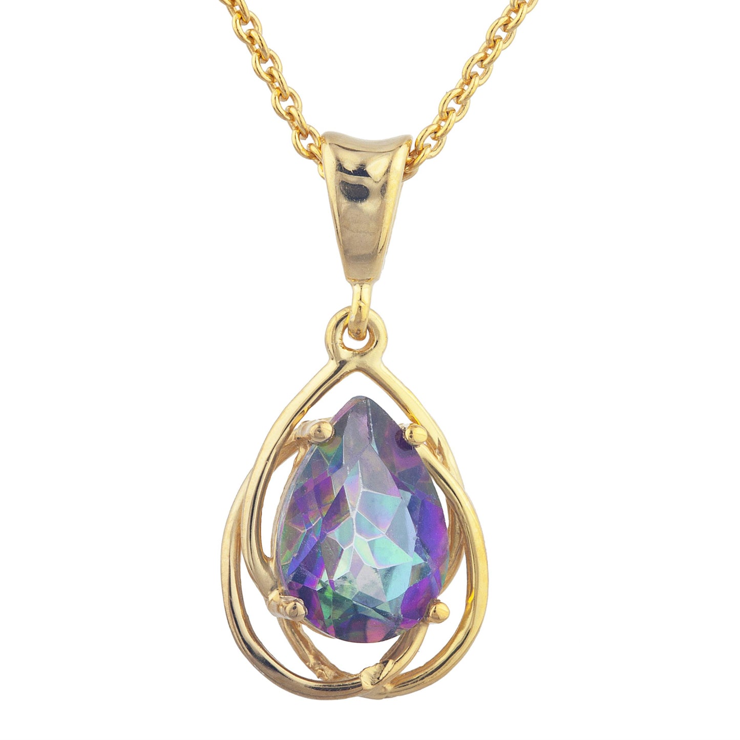 14Kt Gold 2 Ct Natural Mystic Topaz Pear Teardrop Design Pendant Necklace