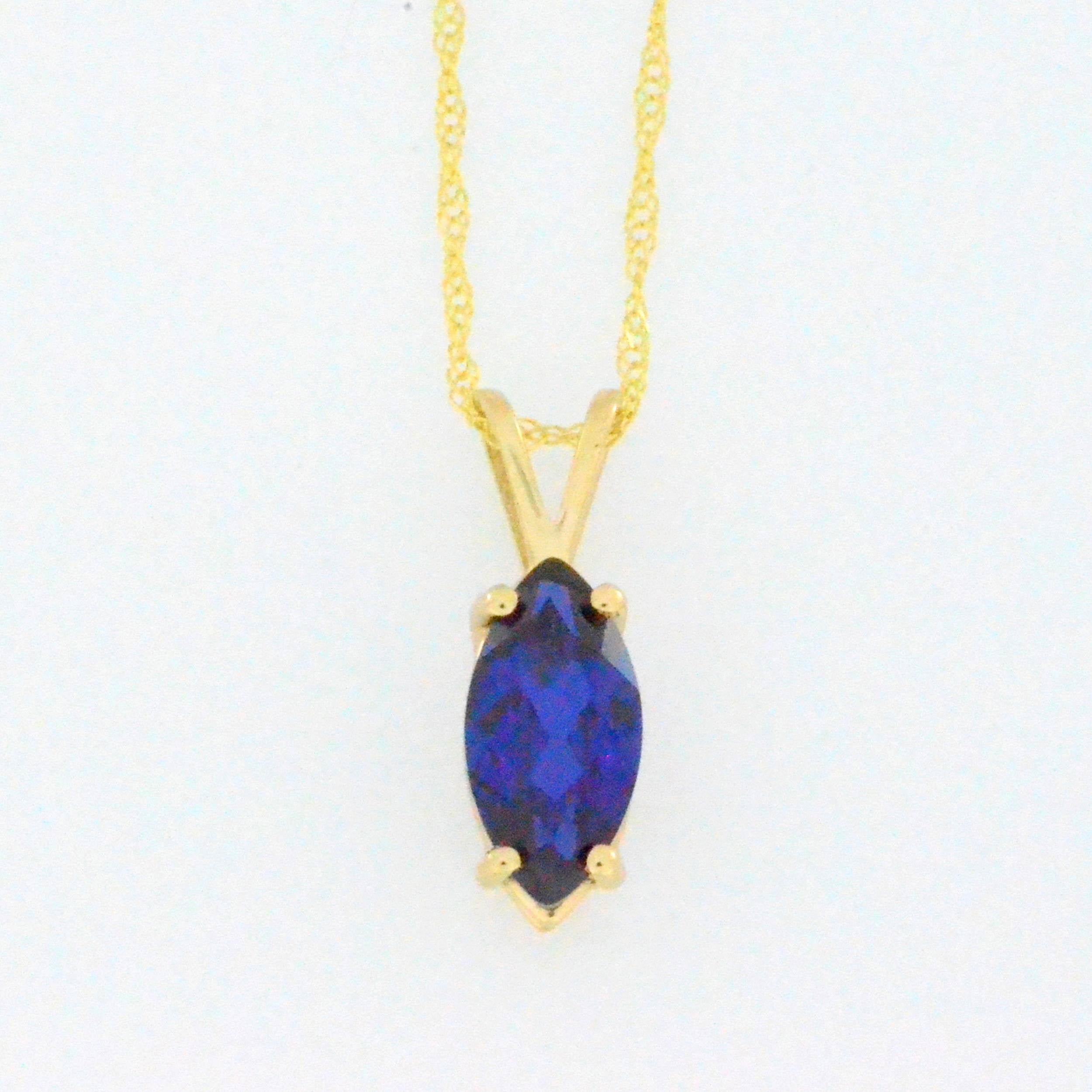 14Kt Gold Blue Sapphire Marquise Pendant Necklace