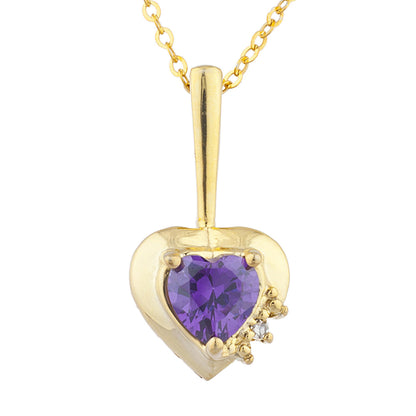 14Kt Gold Amethyst & Diamond Heart Design Pendant Necklace