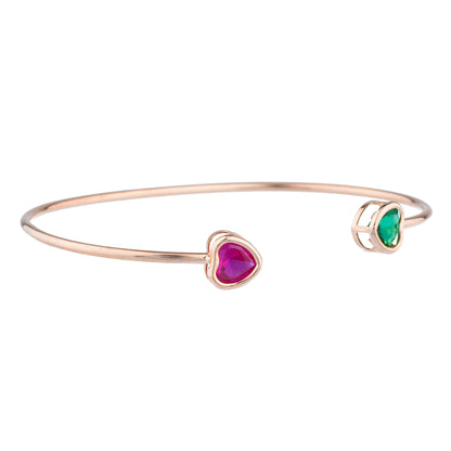 Created Ruby & Emerald Heart Bezel Bangle Bracelet 14Kt Rose Gold Plated Over .925 Sterling Silver