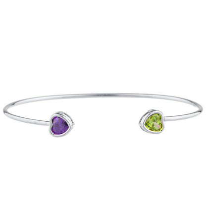 Alexandrite & Peridot Heart Bezel Bangle Bracelet .925 Sterling Silver