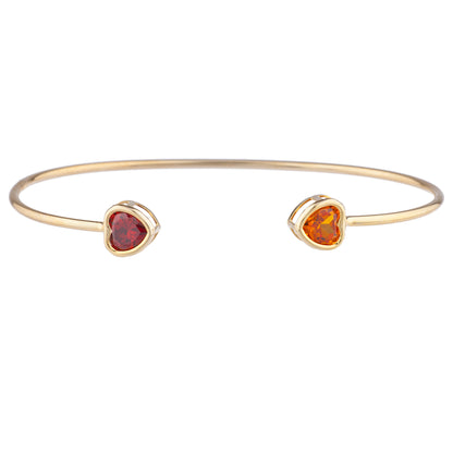 Orange Citrine & Garnet Heart Bezel Bangle Bracelet 14Kt Yellow Gold Plated Over .925 Sterling Silver