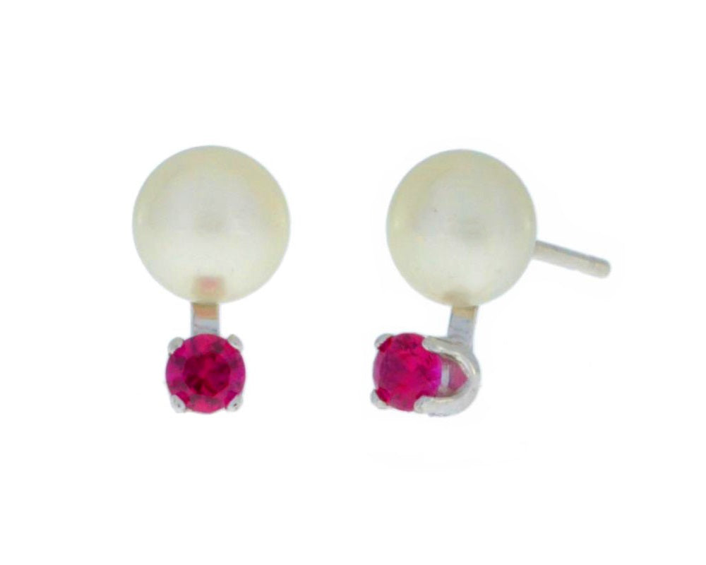 3mm Ruby & White Pearl Stud Earrings .925 Sterling Silver