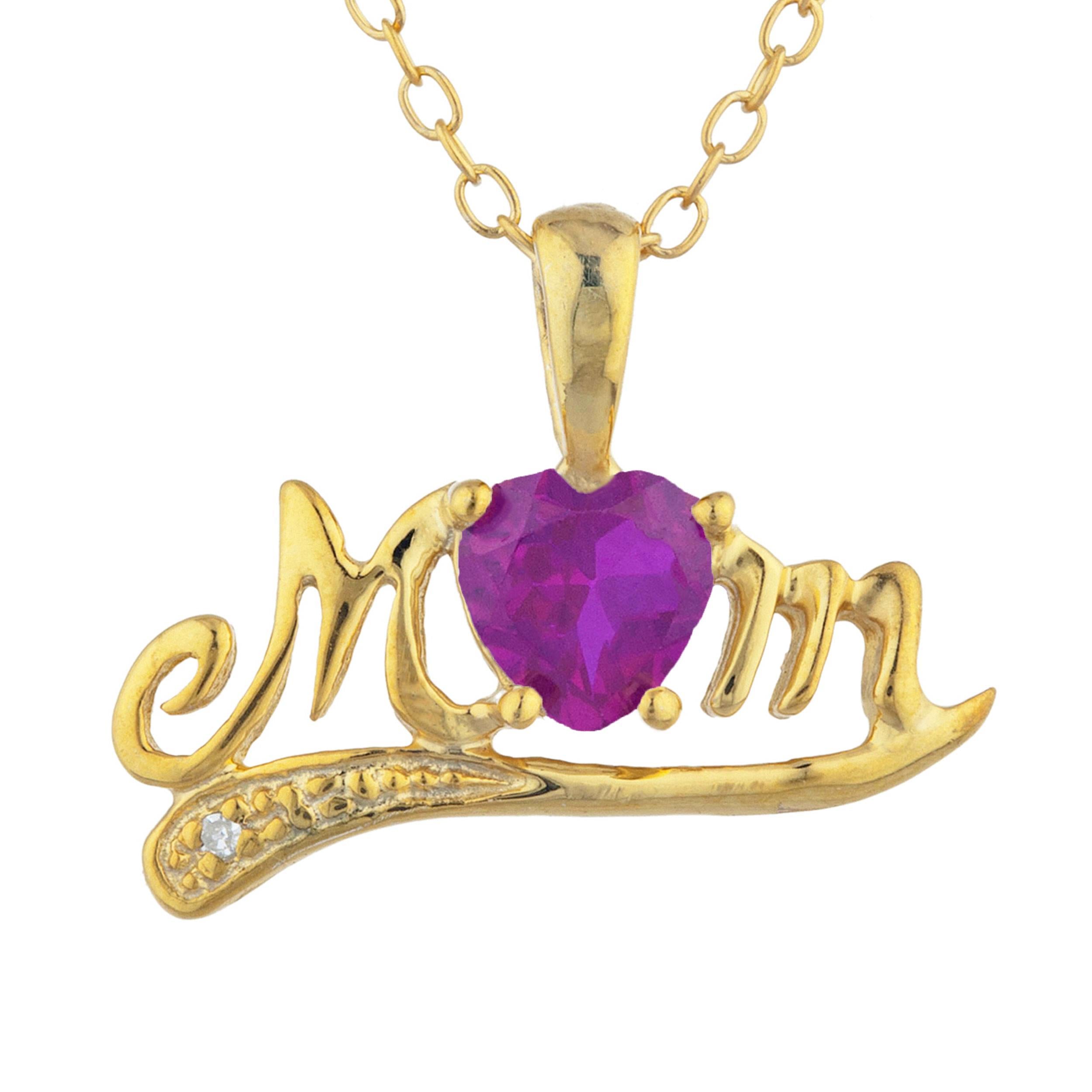 14Kt Gold Created Ruby & Diamond Heart Mom Pendant Necklace