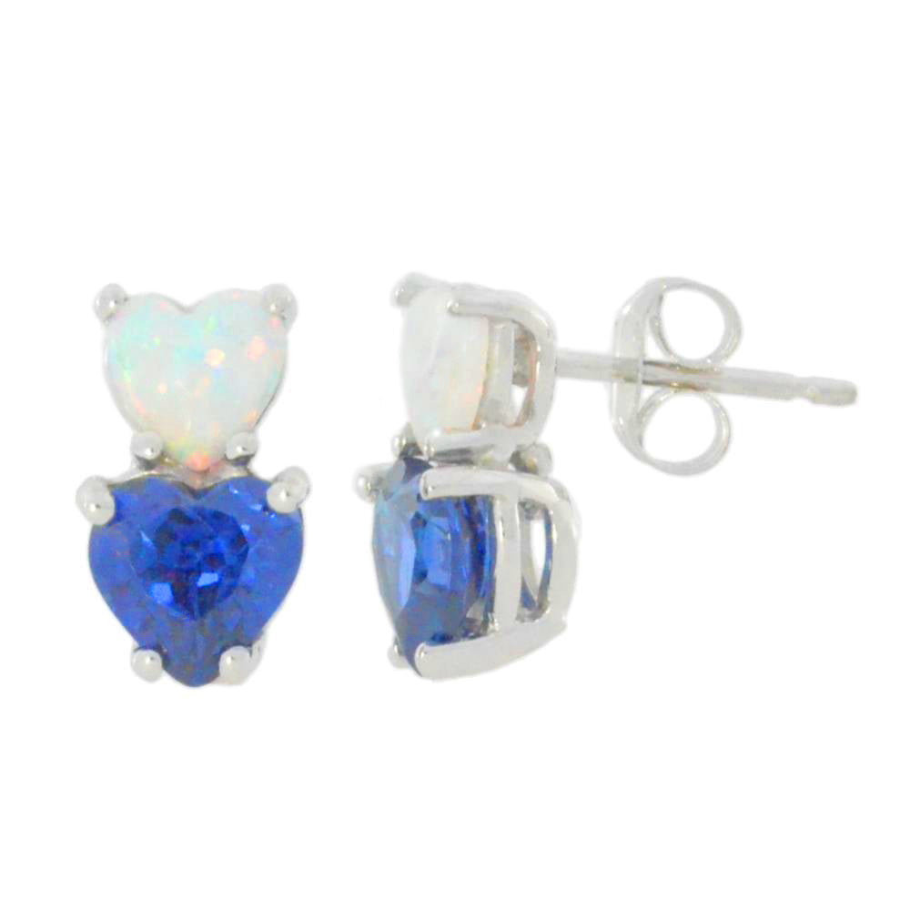 Opal & Blue Sapphire Double Heart Stud Earrings .925 Sterling Silver