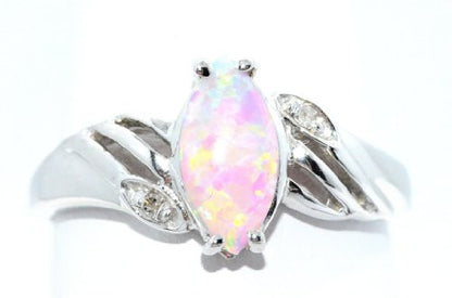 10x5mm Pink Opal & Diamond Marquise Ring .925 Sterling Silver Rhodium Finish