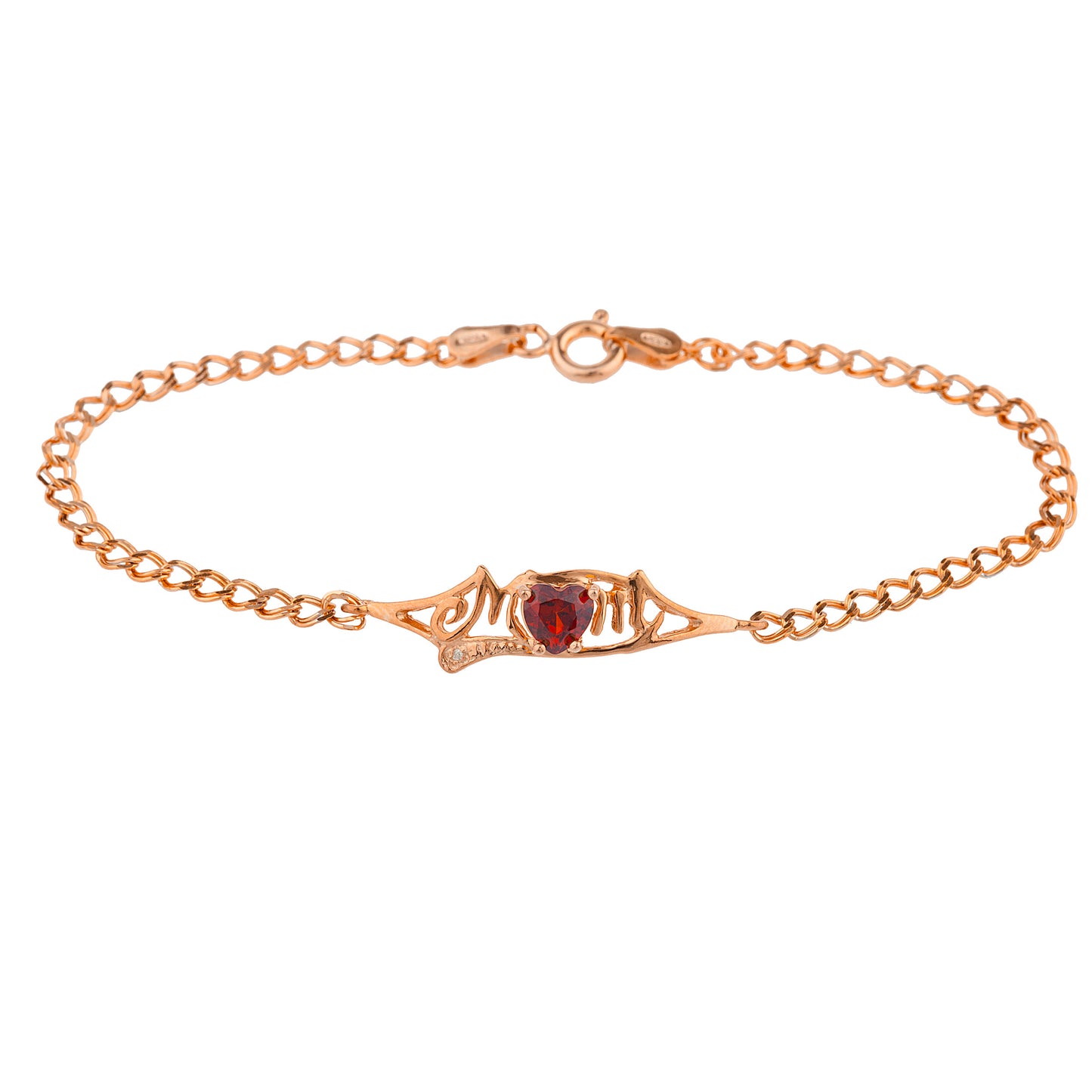 Garnet & Diamond Heart Mom Bracelet 14Kt Rose Gold Plated Over .925 Sterling Silver