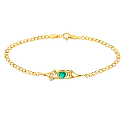 Simulated Emerald & Diamond Heart Mom Bracelet 14Kt Yellow Gold Plated Over .925 Sterling Silver