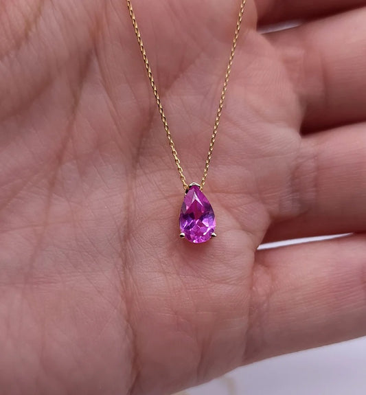 14Kt Gold Pink Sapphire Teardrop Necklace Pendant