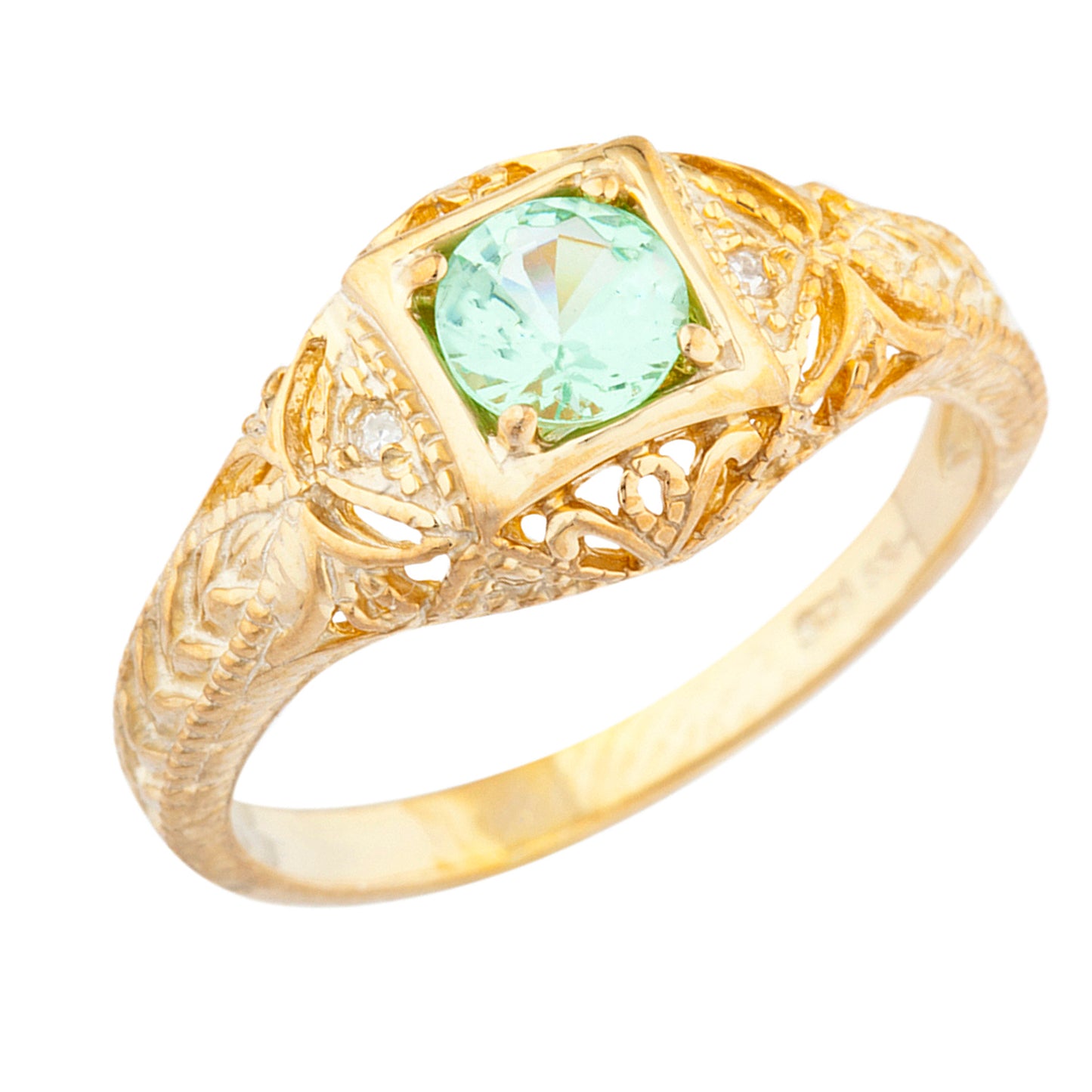 14Kt Gold Green Sapphire & Diamond Design Round Ring