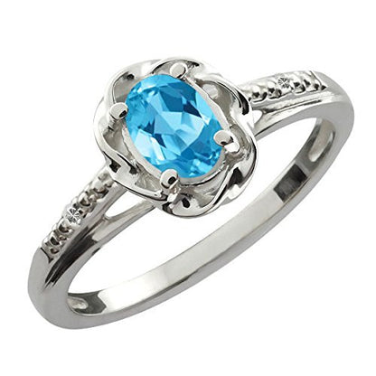 0.50 Ct Blue Topaz & Diamond Oval Ring .925 Sterling Silver Rhodium Finish