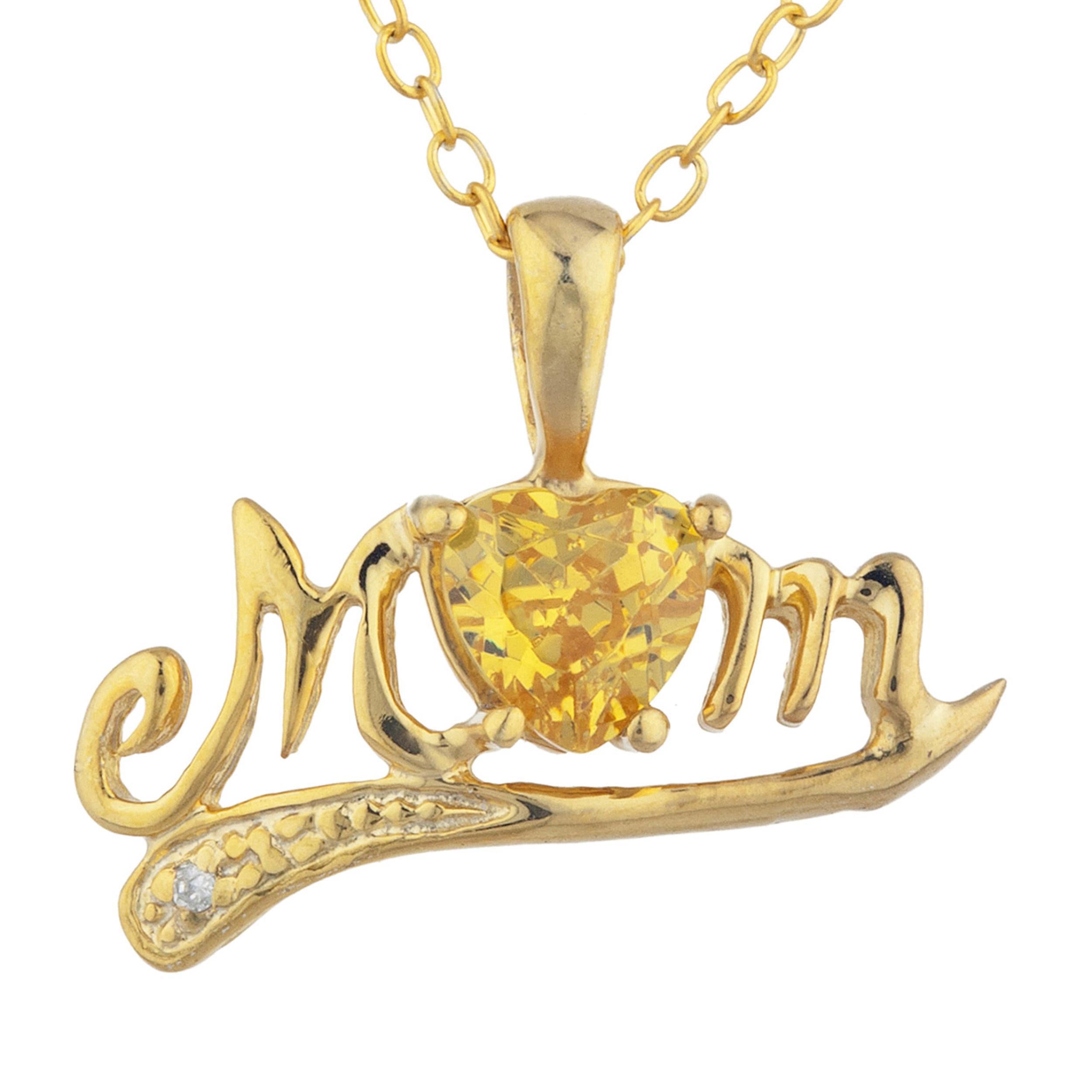 14Kt Gold Yellow Citrine & Diamond Heart Mom Pendant Necklace