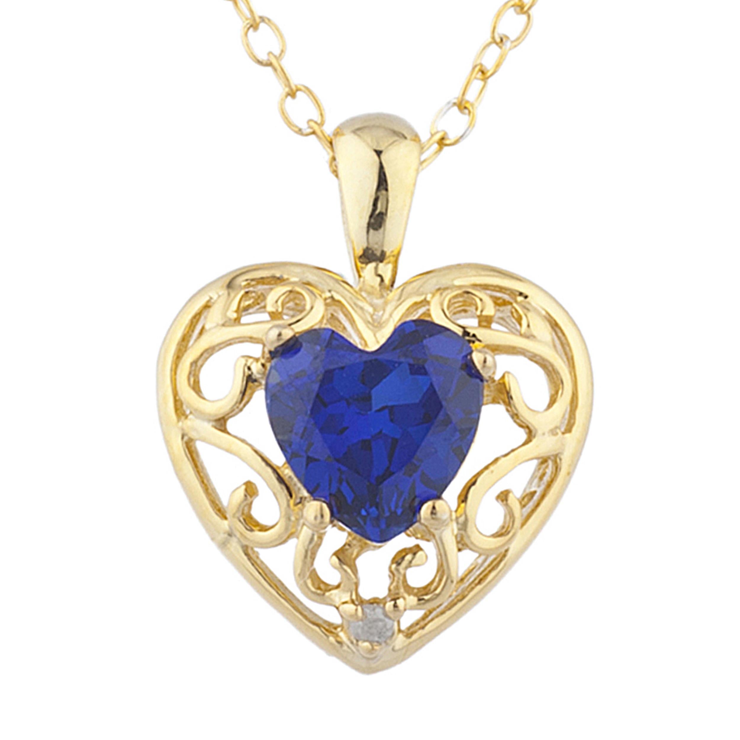 14Kt Gold Blue Sapphire & Diamond Heart LOVE ENGRAVED Pendant Necklace