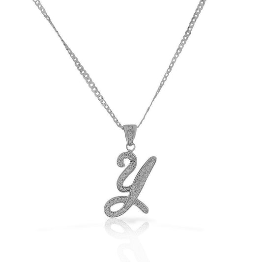 Letter Y Cursive Initial CZ Pendant .925 Sterling Silver