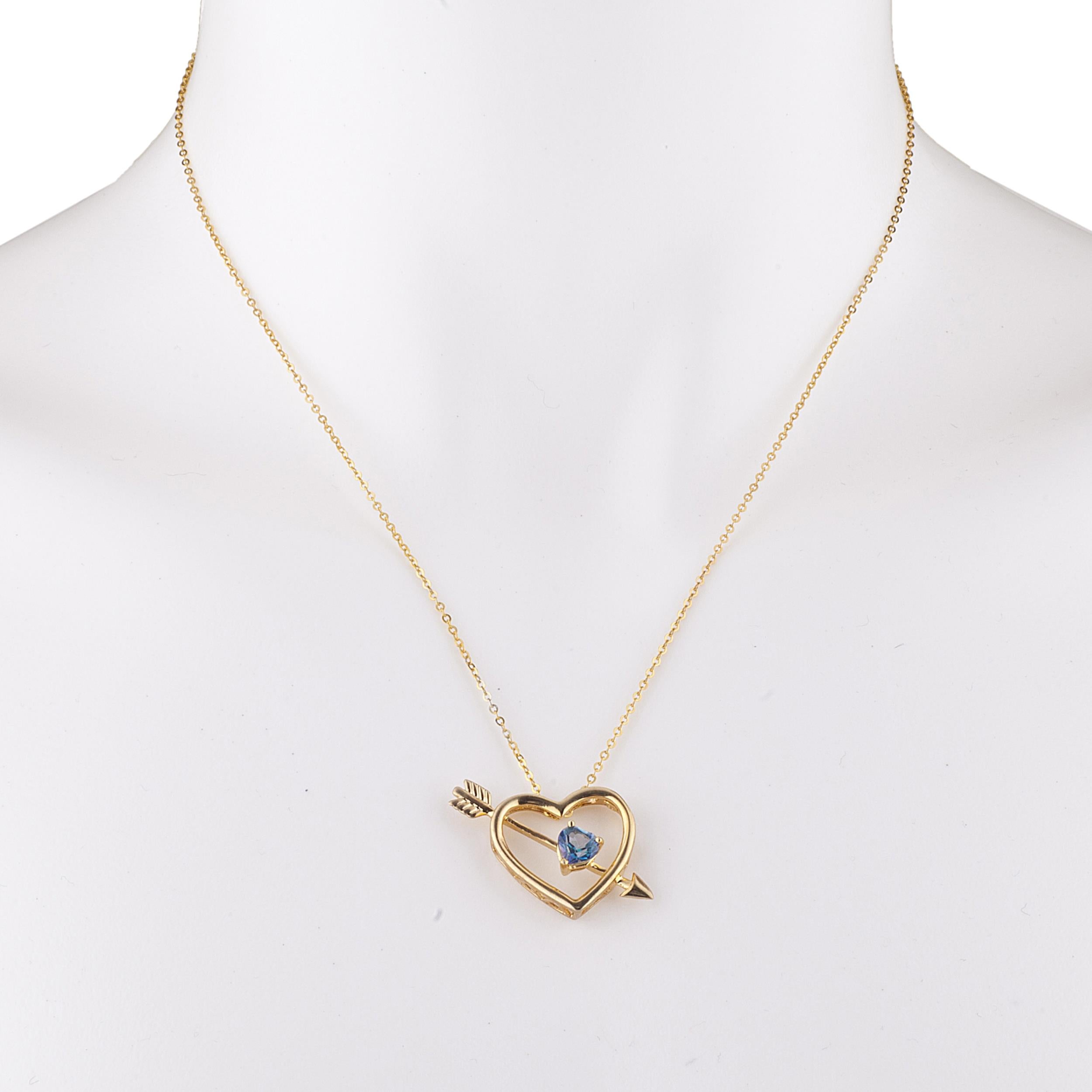 14Kt Gold Natural Blue Mystic Topaz Heart Bow & Arrow Pendant Necklace