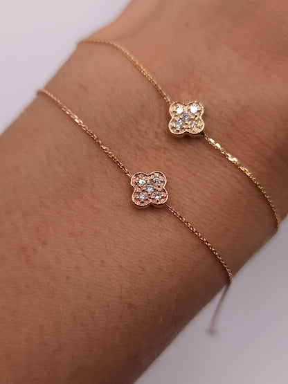 14Kt Gold Genuine Natural Diamond Clover Cluster Bracelet