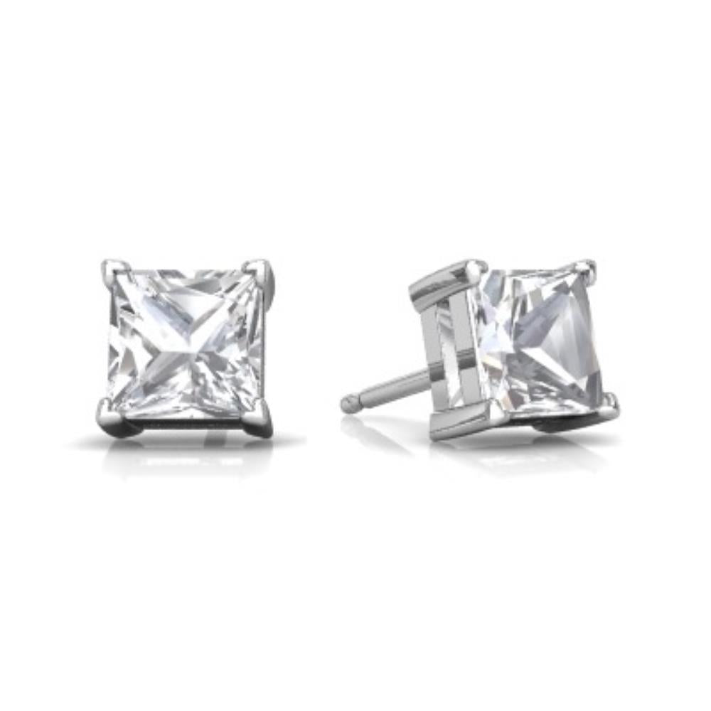 14Kt White Gold White Topaz Princess Cut Stud Earrings