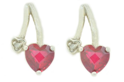 1 Ct Checkerboard Ruby Heart & Diamond Stud Earrings .925 Sterling Silver