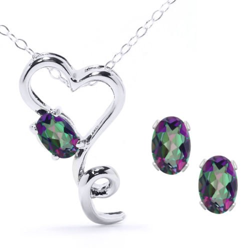 2.5 Ct Mystic Topaz Oval Heart Stud Earrings & Pendant .925 Sterling Silver R...