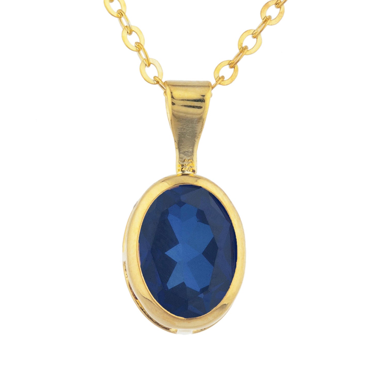 14Kt Gold Blue Sapphire Oval Bezel Pendant Necklace