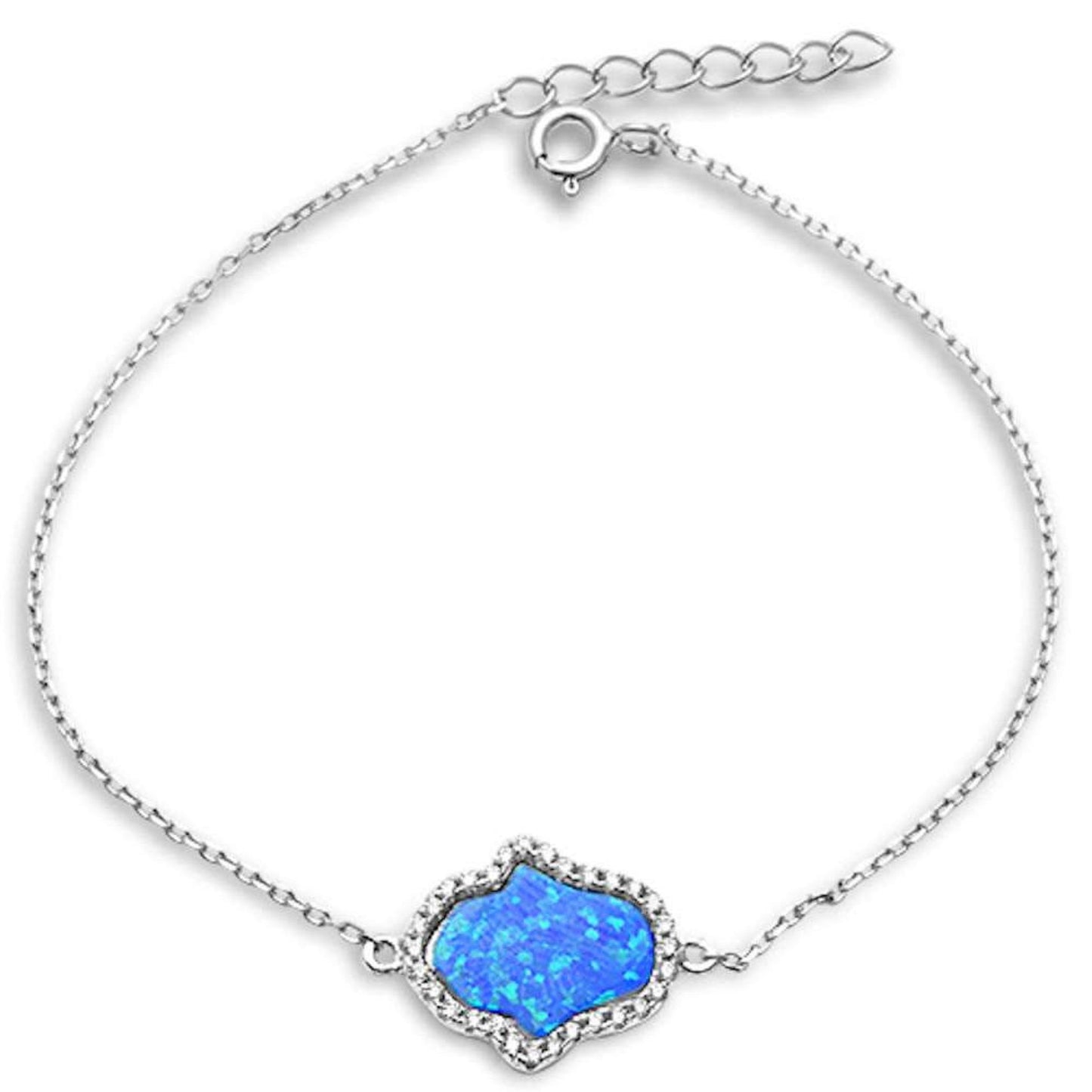 Blue Opal Hamsa CZ Bracelet .925 Sterling Silver