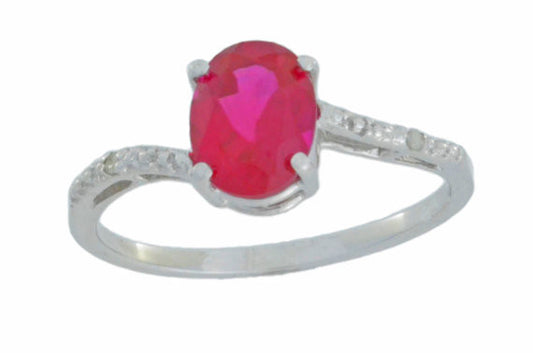 14Kt White Gold Created Ruby & Diamond Oval Ring