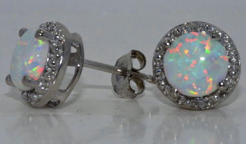 14Kt White Gold Opal Round Diamond Stud Earrings