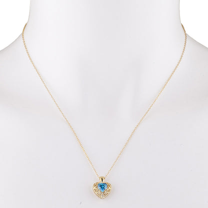 14Kt Yellow Gold Plated Swiss Blue Topaz & Diamond Love Design Heart Pendant