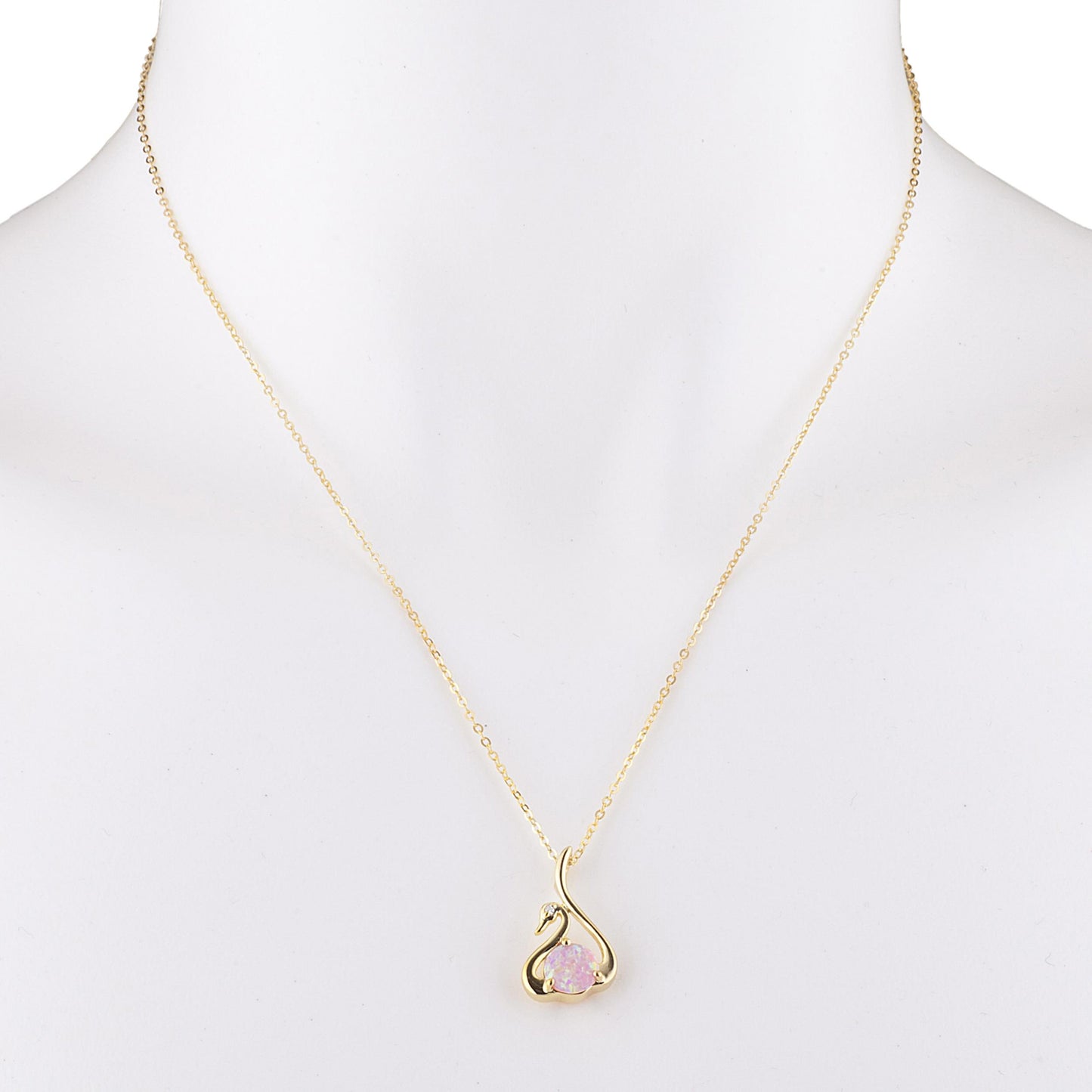 14Kt Yellow Gold Plated Pink Opal & Diamond Swan Pendant