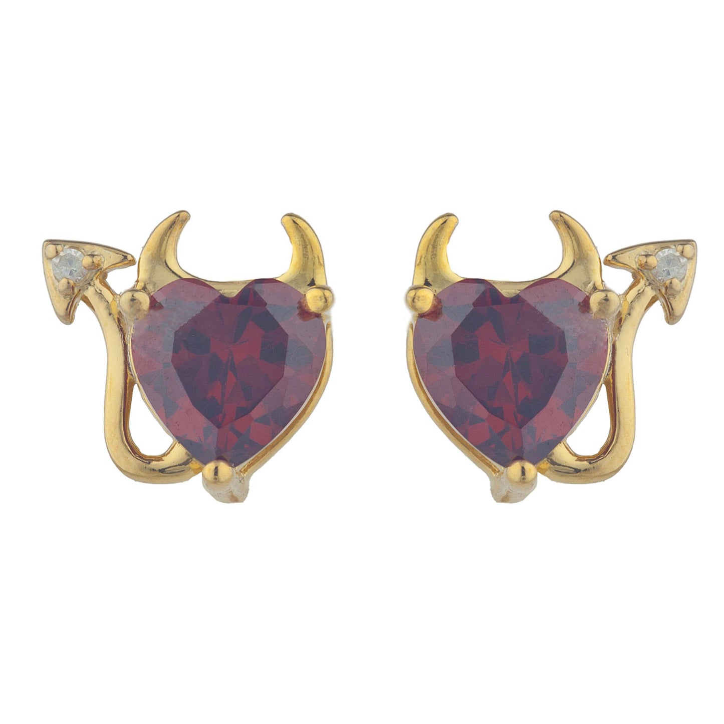 Garnet & Diamond Devil Heart Stud Earrings 14Kt Yellow Gold Plated