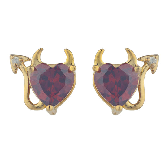 Garnet & Diamond Devil Heart Stud Earrings 14Kt Yellow Gold Plated