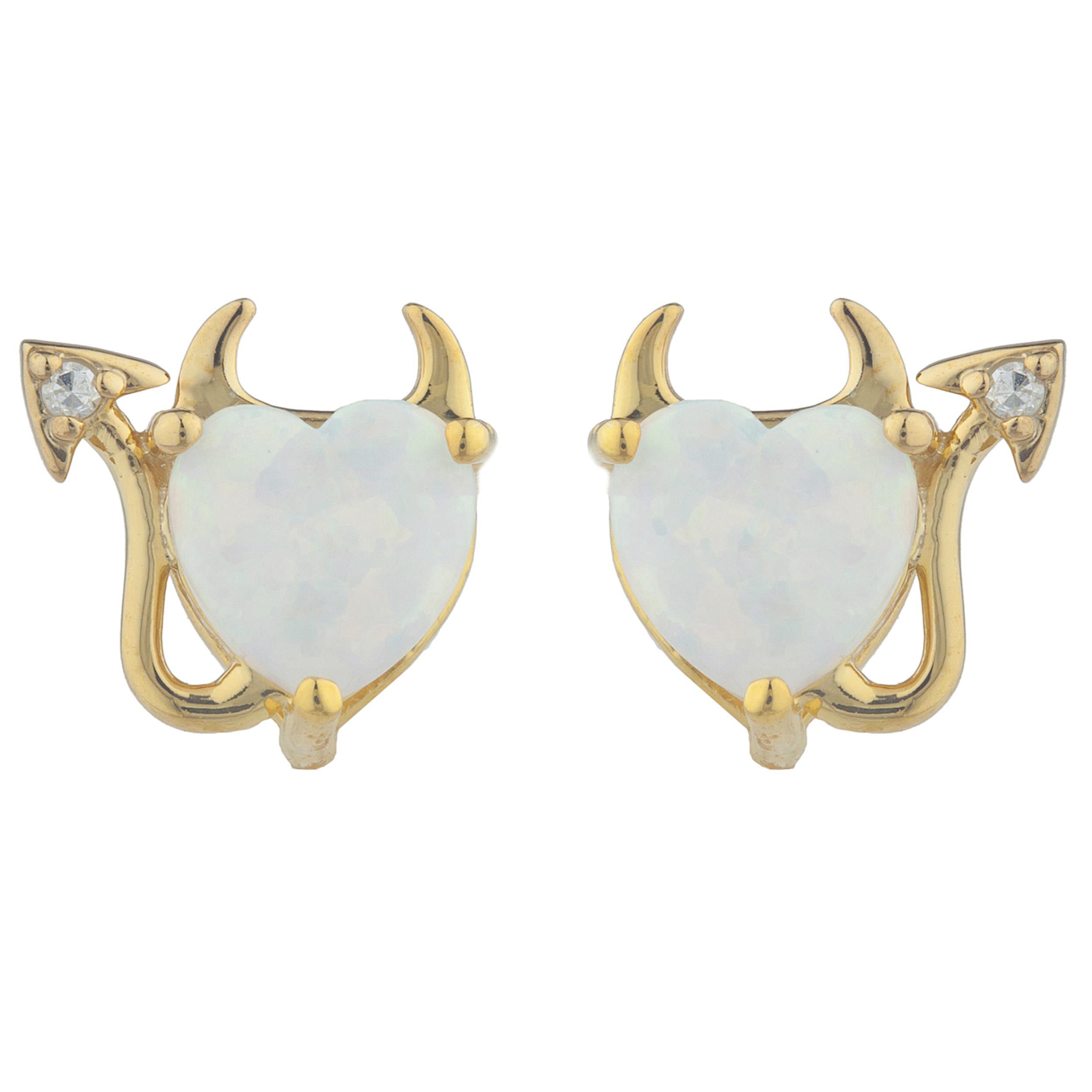 14Kt Gold Genuine Opal & Diamond Devil Heart Stud Earrings