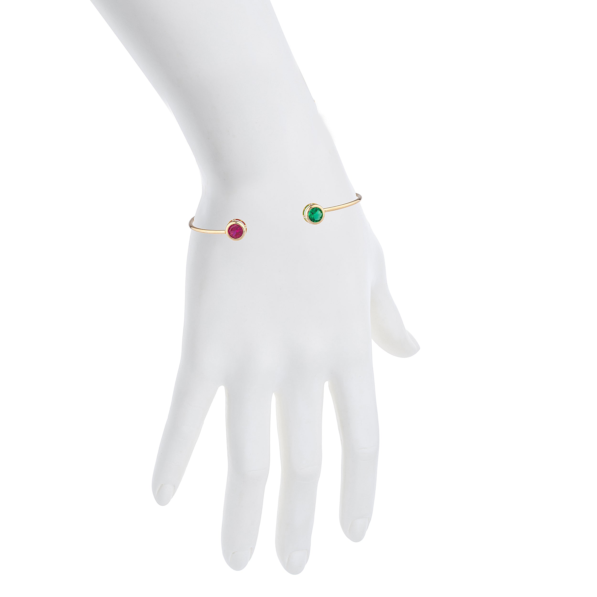 14Kt Gold Created Ruby & Emerald Round Bezel Bangle Bracelet